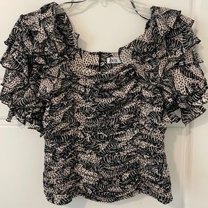 ZARA Zebra print top with ruffle shoulders